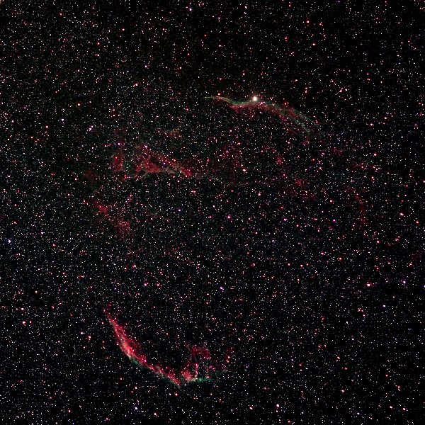 Veil nebula; 26 min (26x60sec subs); Canon 200mm f/2.8 lens; ISO 3200; IDAS; 9-5-13; Cherry Springs