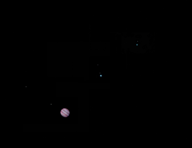 Jupiter, Uranus and Neptune composite showing relative visual sizes; LX200 @f/10; Canon 20Da; ISO 3200; 9-23-08; local site